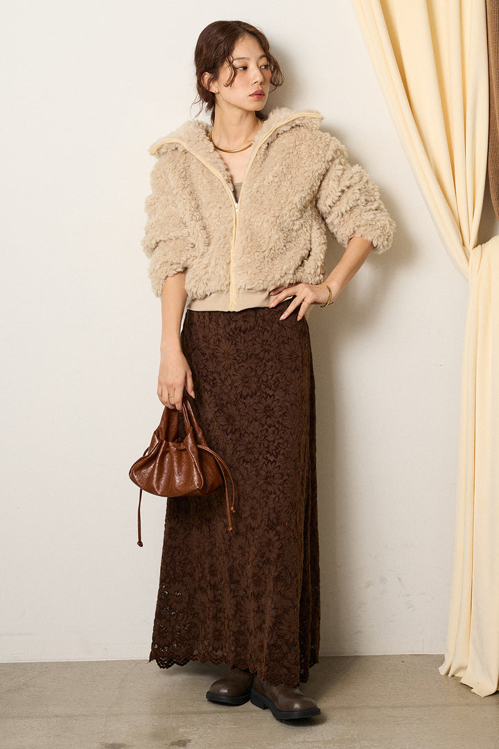 [SET]スタンドカラー裾リブボアブルゾン+花柄刺繍ベロアフレアスカート(2set)