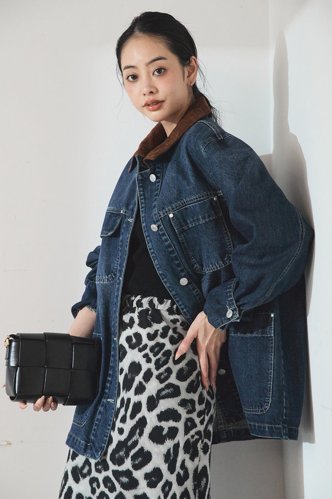 [SET]襟コーデュロイデニムカバーオール+レオパードサテンナロースカート(2set)