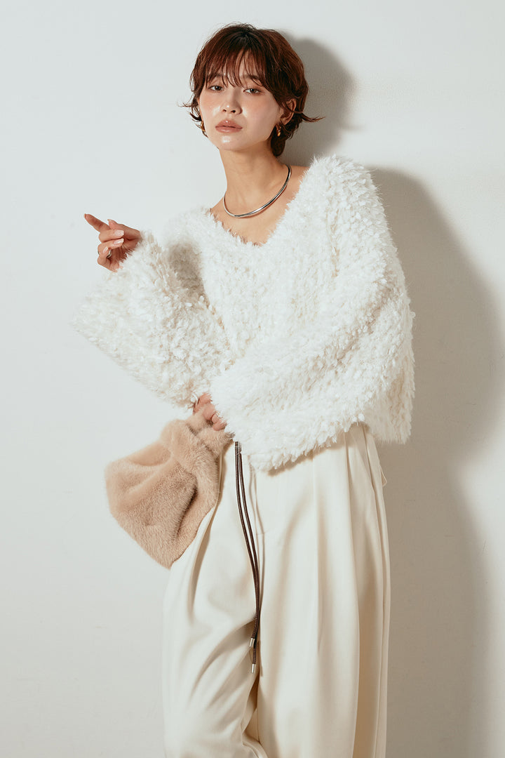 [SET]深Vネックチョウチョヤーンニットトップス+細フェイクレザーベルト付きワイドタックパンツ(2set)