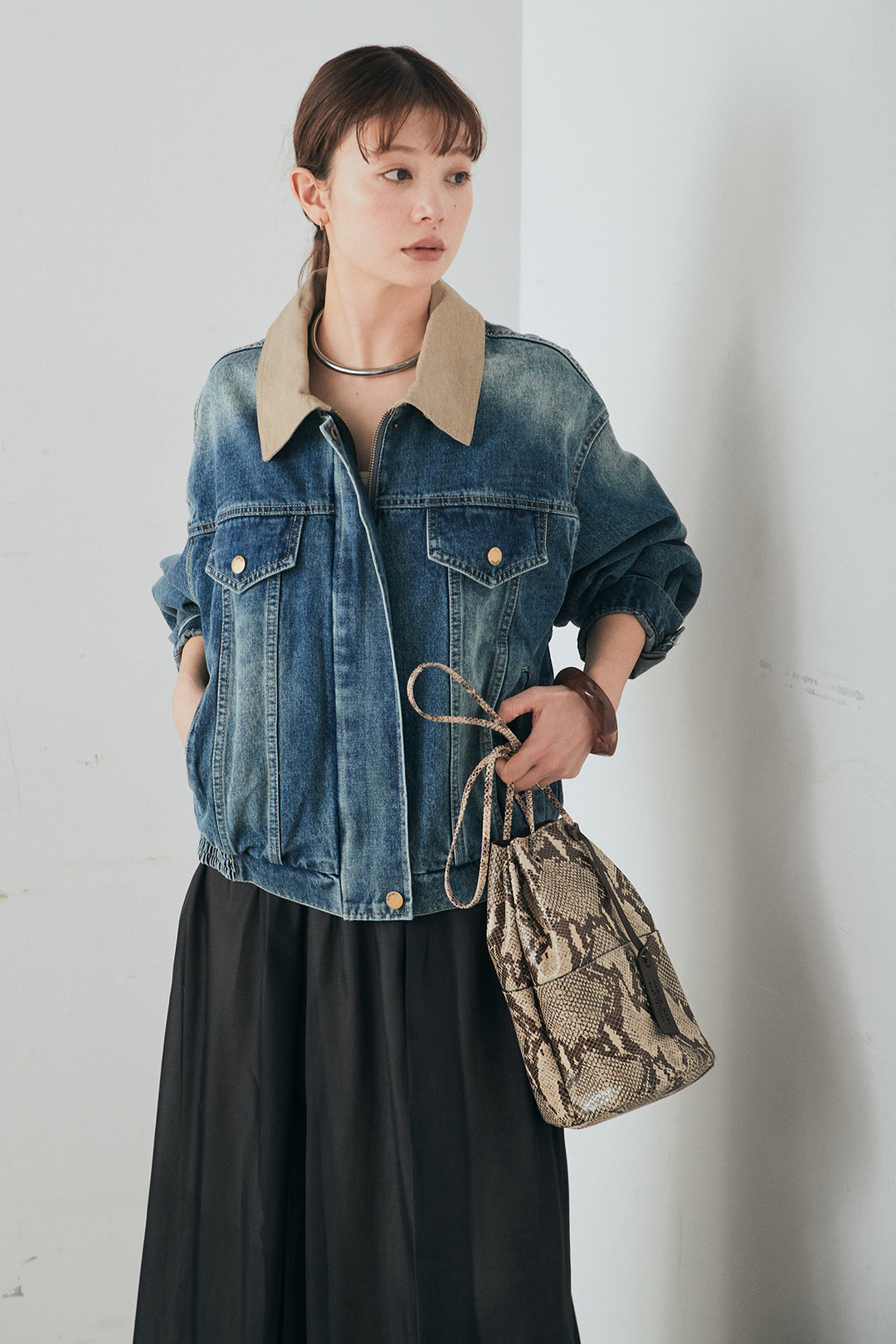 [SET]襟切り替えジップデニムジャケット+リラックスシアーフレアスカート(2set)