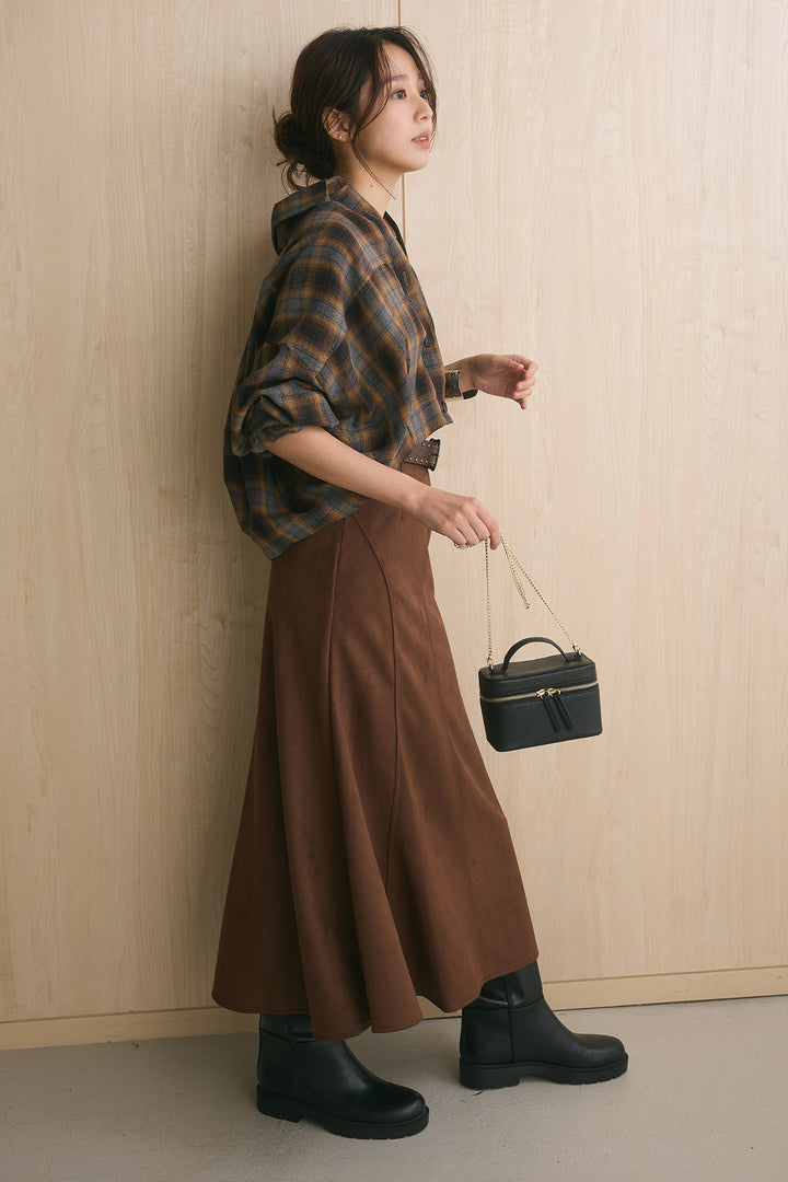 [SET]オンブレチェックコクーンショートシャツ+スタッズベルト付きスウェードスカート(2set)