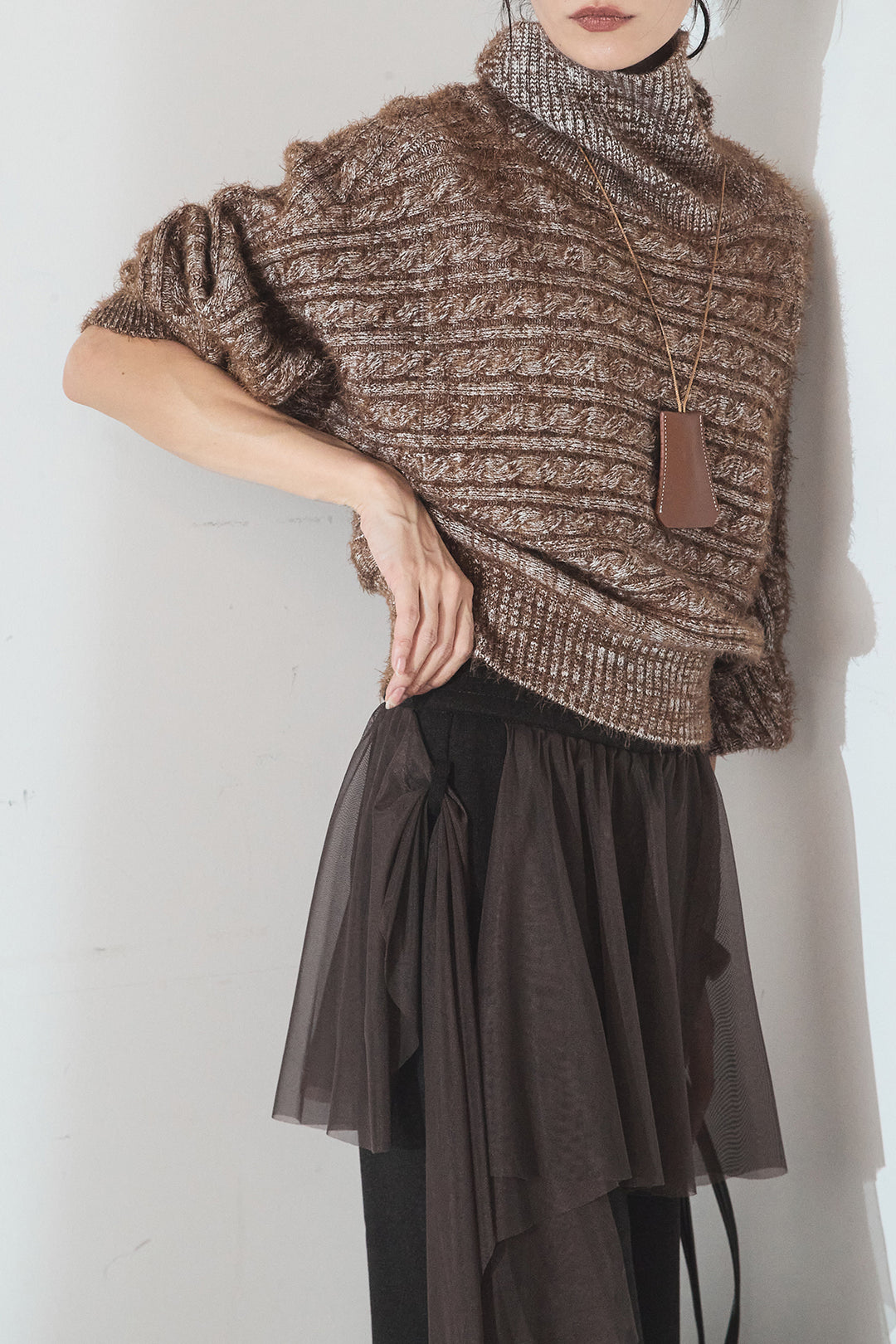 [SET]ミックス編みドルマンニットトップス+チュールレイヤードニットパンツ(2set)