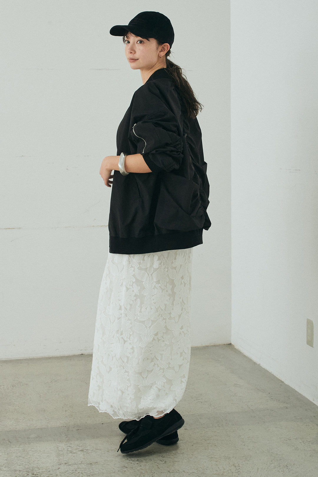 [SET]袖シャーリングオーバーサイズMA1+総レースキャミワンピース(2set)