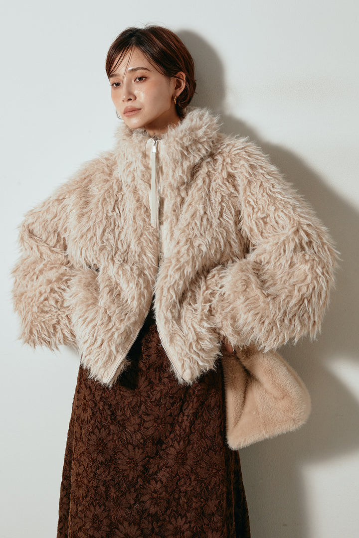 [SET]ミックスシープファースタンドブルゾン+花柄刺繍ベロアフレアスカート(2set)