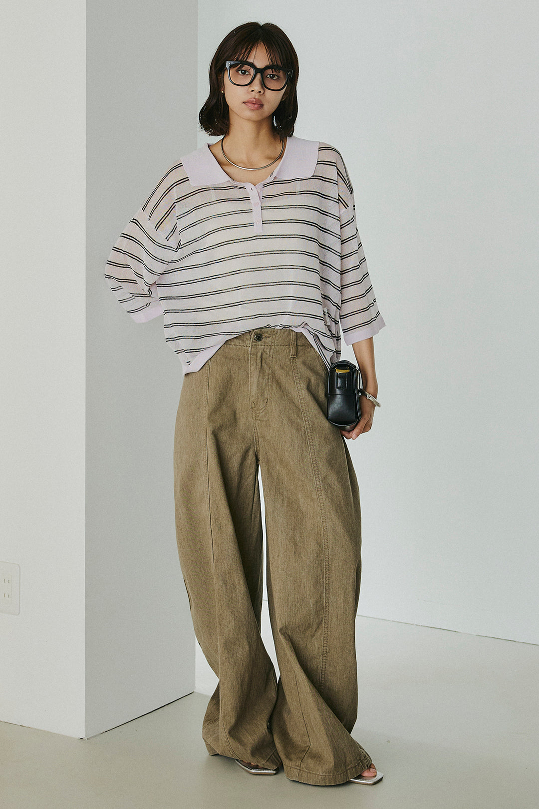 [SET]ボーダーニットポロシャツ+サイドベルトカーブワイドパンツ(2set)