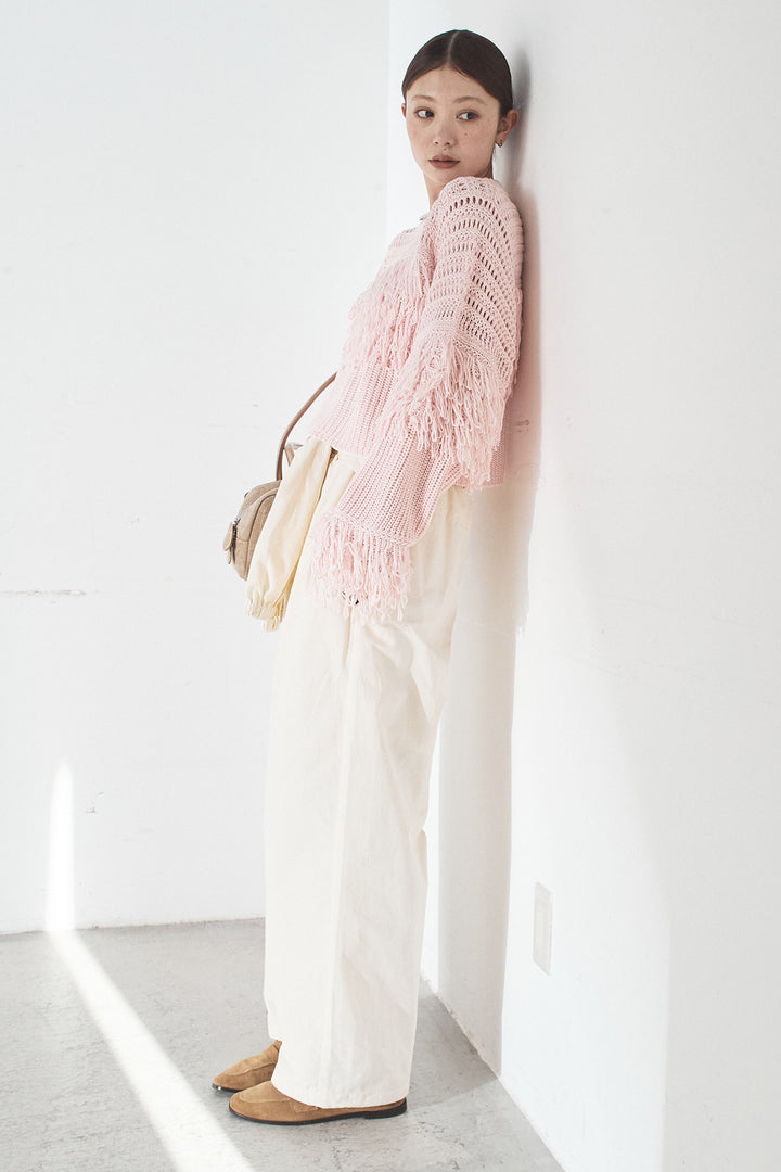 [SET]メッシュフリンジ切り替えプルオーバー+合繊ツイルスタンドウエスト巻きジョガーパンツ(2set)