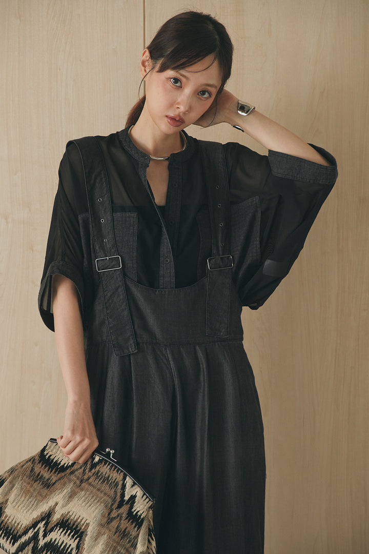[SET]デニムライクビッグツーポケシアーシャツ+前後2WAYテンセルデニムサロペット(2set)