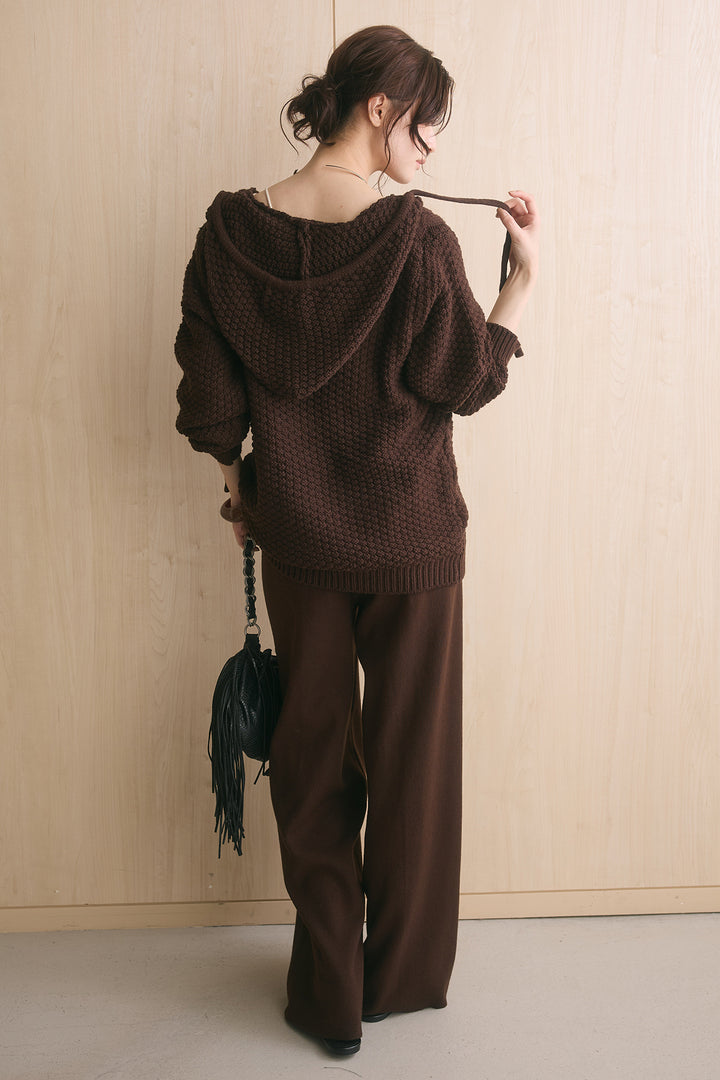 [SET]テクスチャー編みインナー付きフードニット+リラックスニットパンツ(2set)