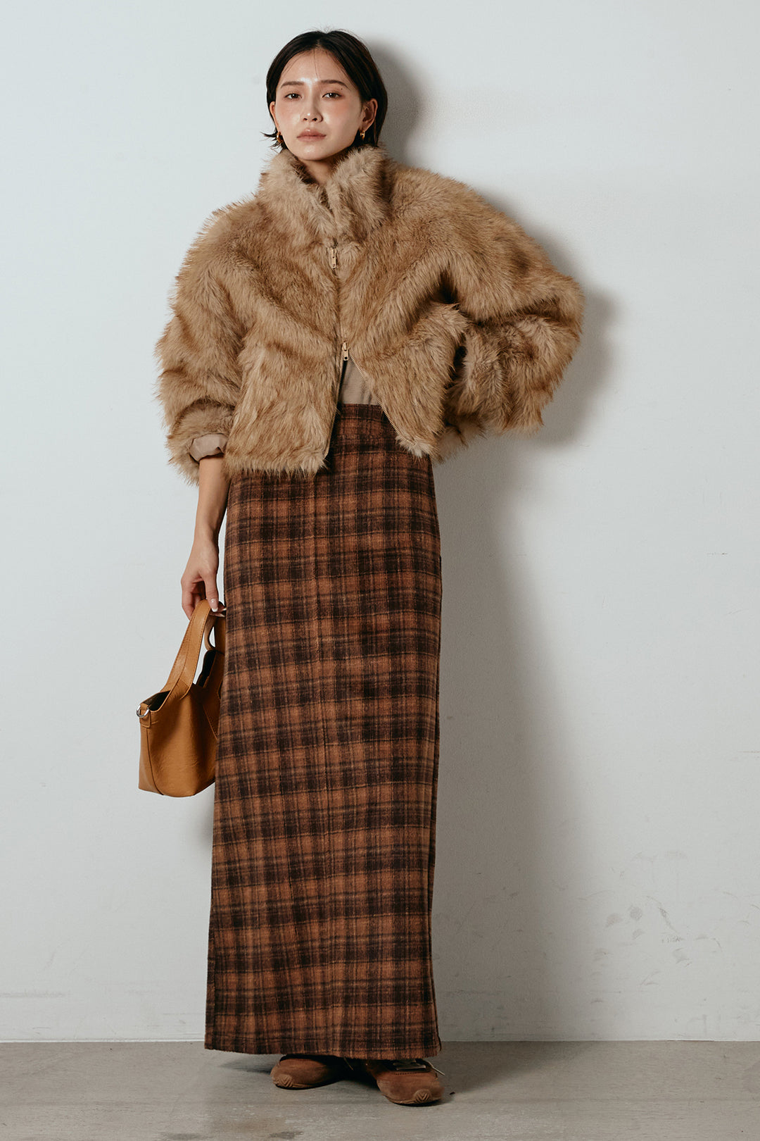 [SET]エコファーショート丈ブルゾン+シャギーチェックストレートスカート(2set)