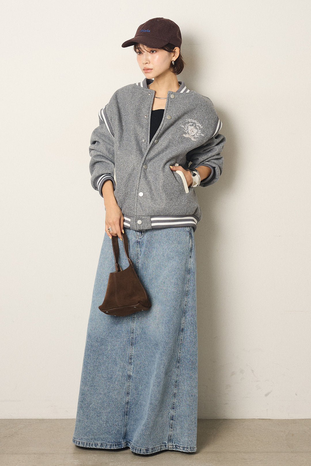 [SET]ワンポイントデザインブルゾン+デニムロングフレアスカート(2set)