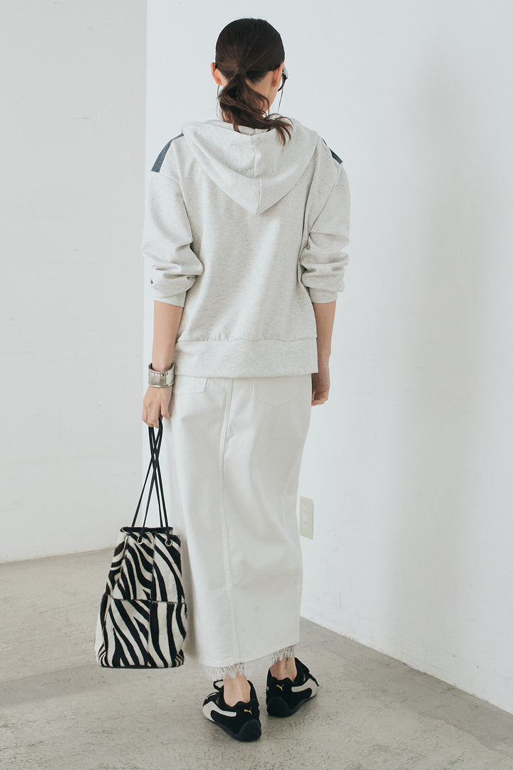 [SET]デニム切替ポンチダブルジップパーカー+裾レースデザインデニムスカート(2set)