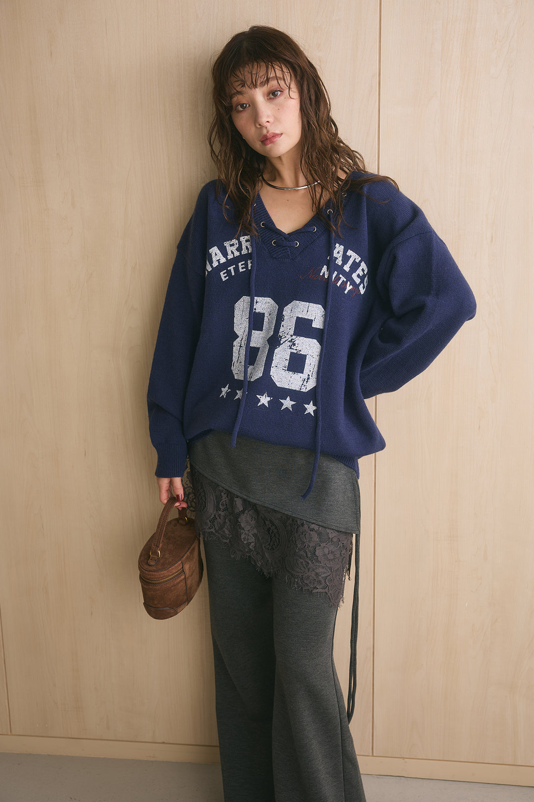 [SET]ナンバリングニットプルオーバー+レースレイヤードラップパンツ(2set)