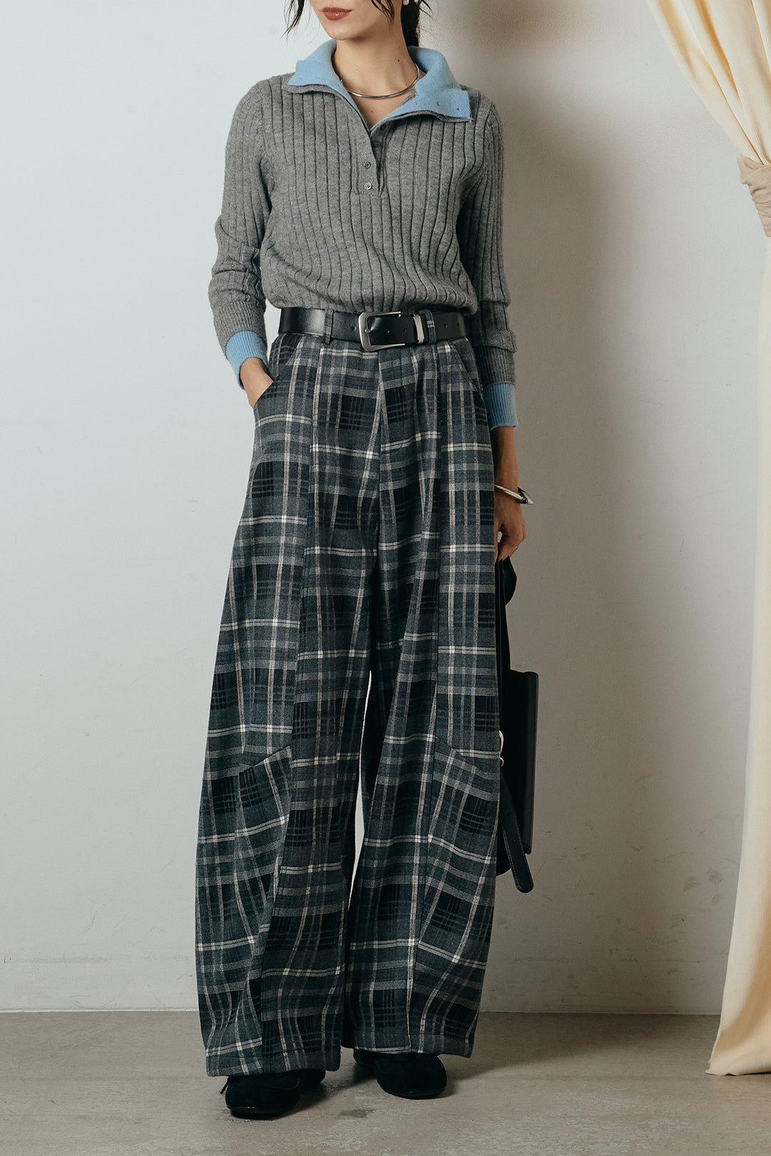 [SET]レイヤード風リブニットトップス+ベルト付きタータンチェックカーブワイドパンツ(2set)