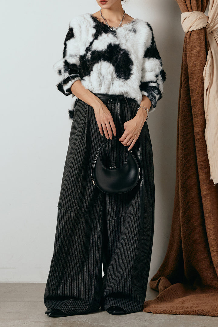 [SET]タイダイ柄シャギーニットトップス+レザーライク配色ストライプパンツ(2set)