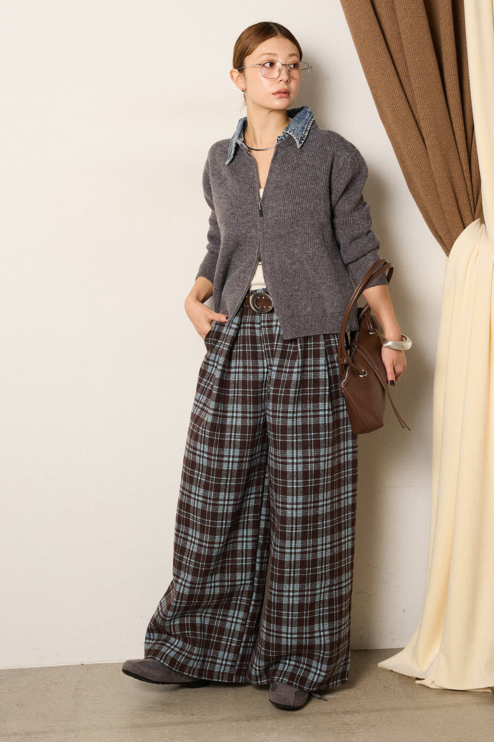 [SET]デニム襟ダブルジップニットトップス+スタッズデザインベルトタータンチェックパンツ(2set)