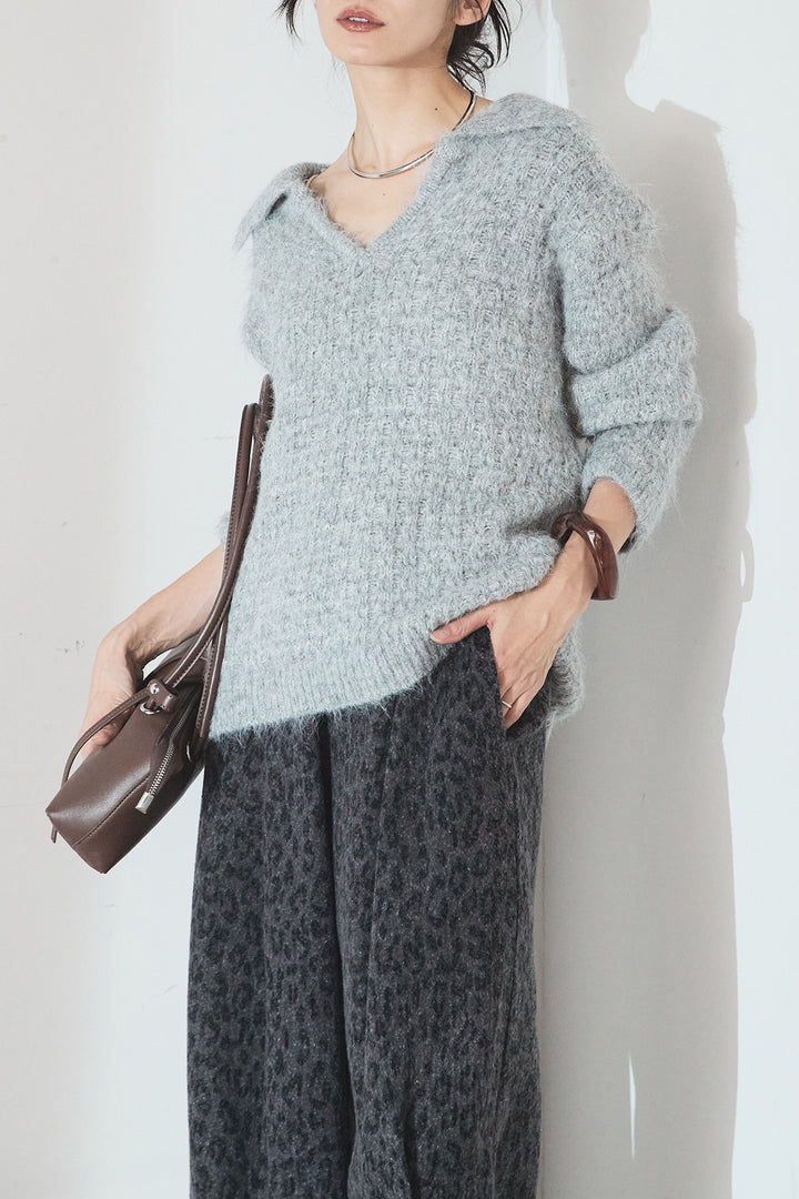 [SET]襟付きVネックニットトップス+リラックスレオパード柄ワイドパンツ(2set)