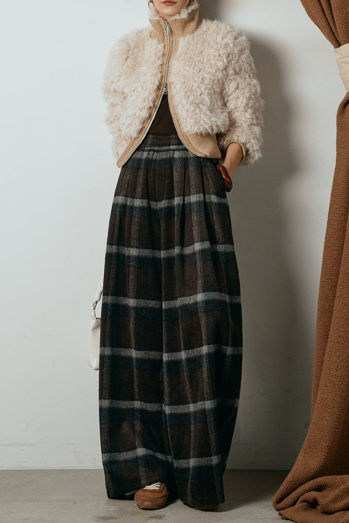 [SET]ハイネックショート丈ボアジップブルゾン+起毛タータンチェック柄ワイドパンツ(2set)