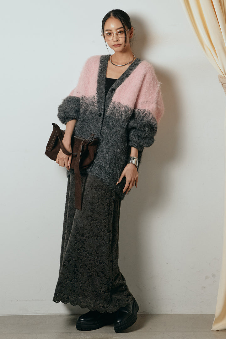 [SET]起毛グラデーションニットカーディガン+花柄刺繍ベロアフレアスカート(2set)