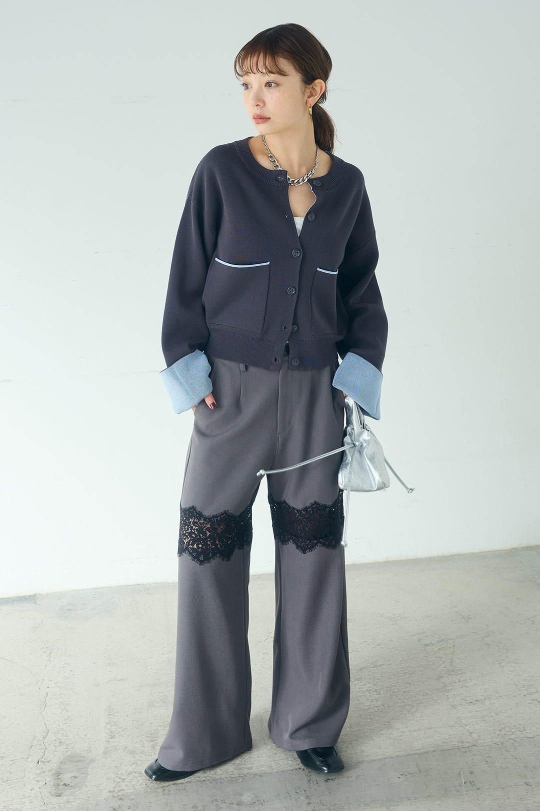 [SET]レーヨンポリダブルフェイスカーディガン+レース刺繍切替ワイドパンツ(2set)