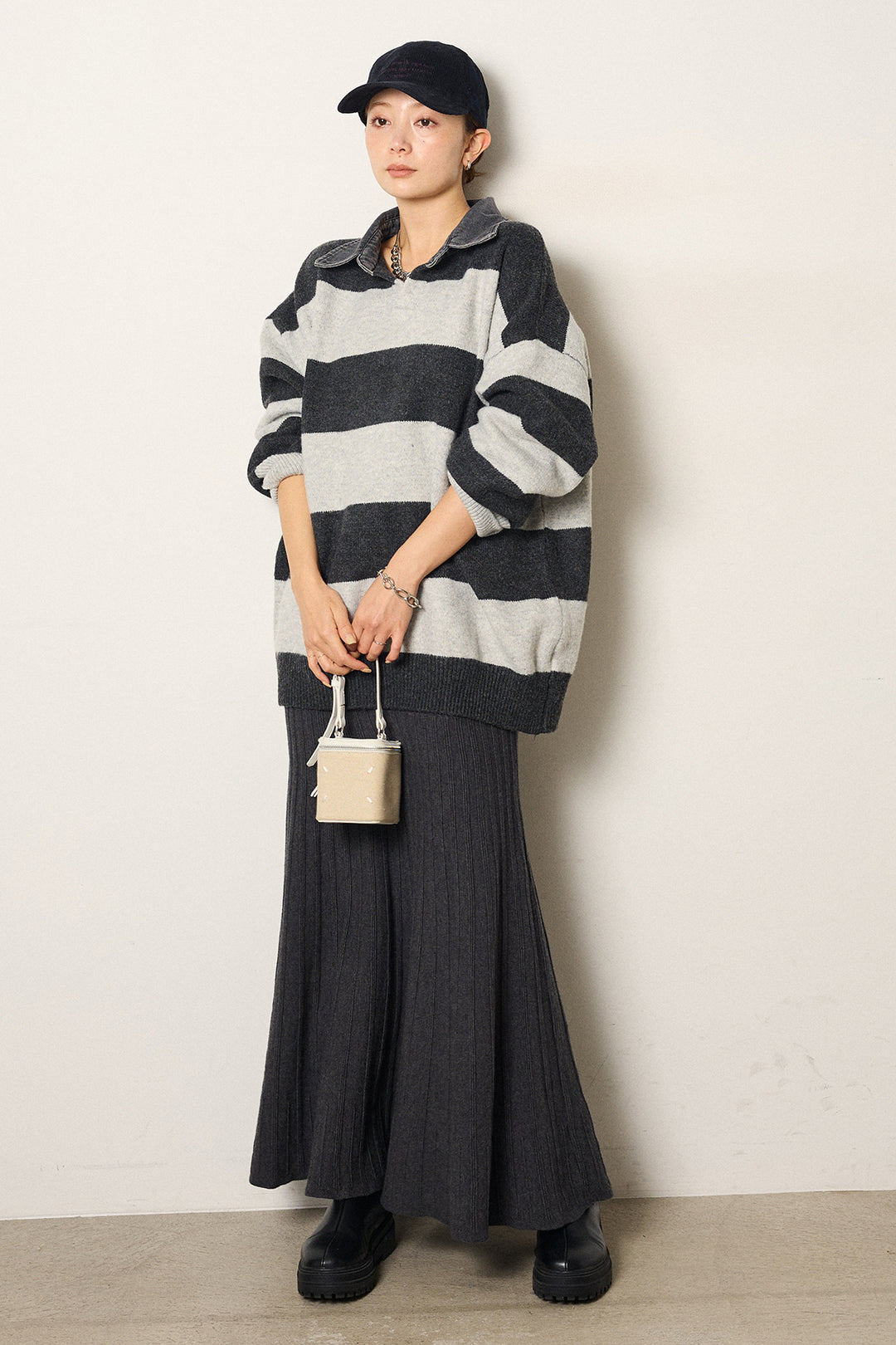 [SET]デニムカラーボーダールーズニット+編み地切り替えフレアニットスカート(2set)