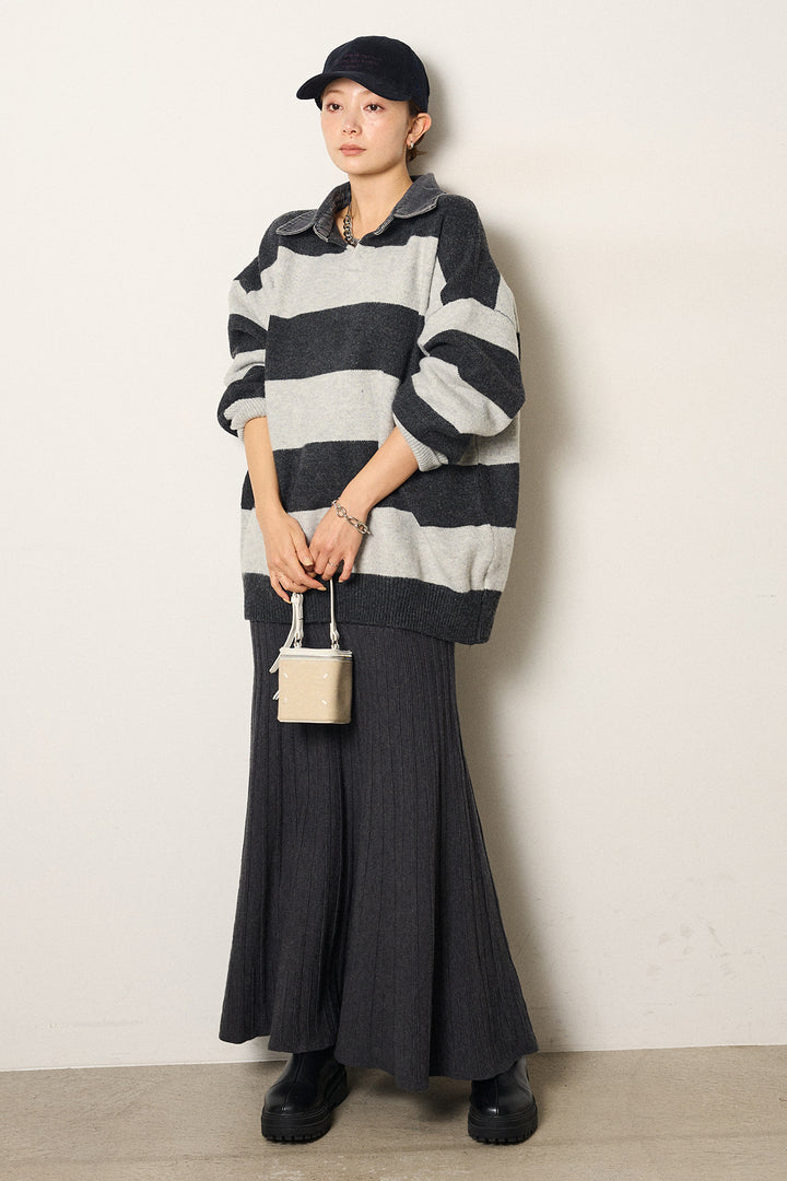 [SET]デニムカラーボーダールーズニット+編み地切り替えフレアニットスカート(2set)