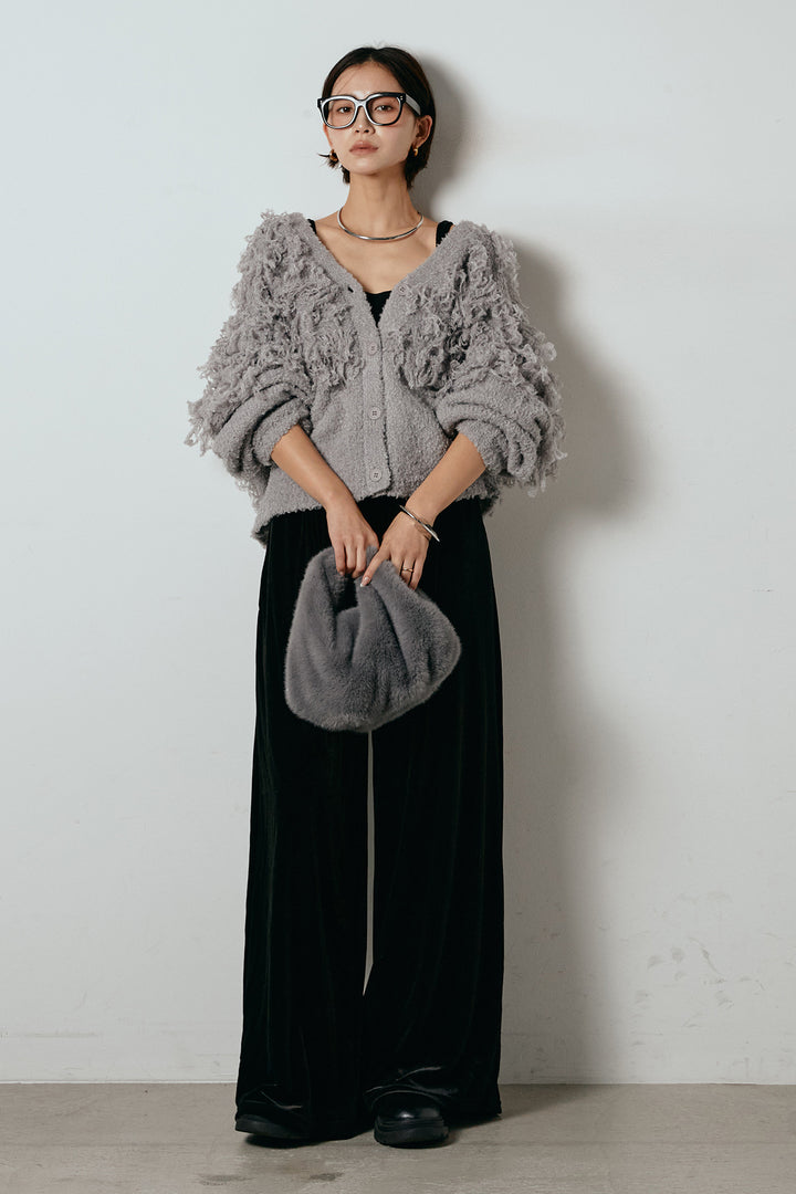 [SET]ループ編みVネックニットカーディガン+ベロアサスペンダー付きパンツ(2set)