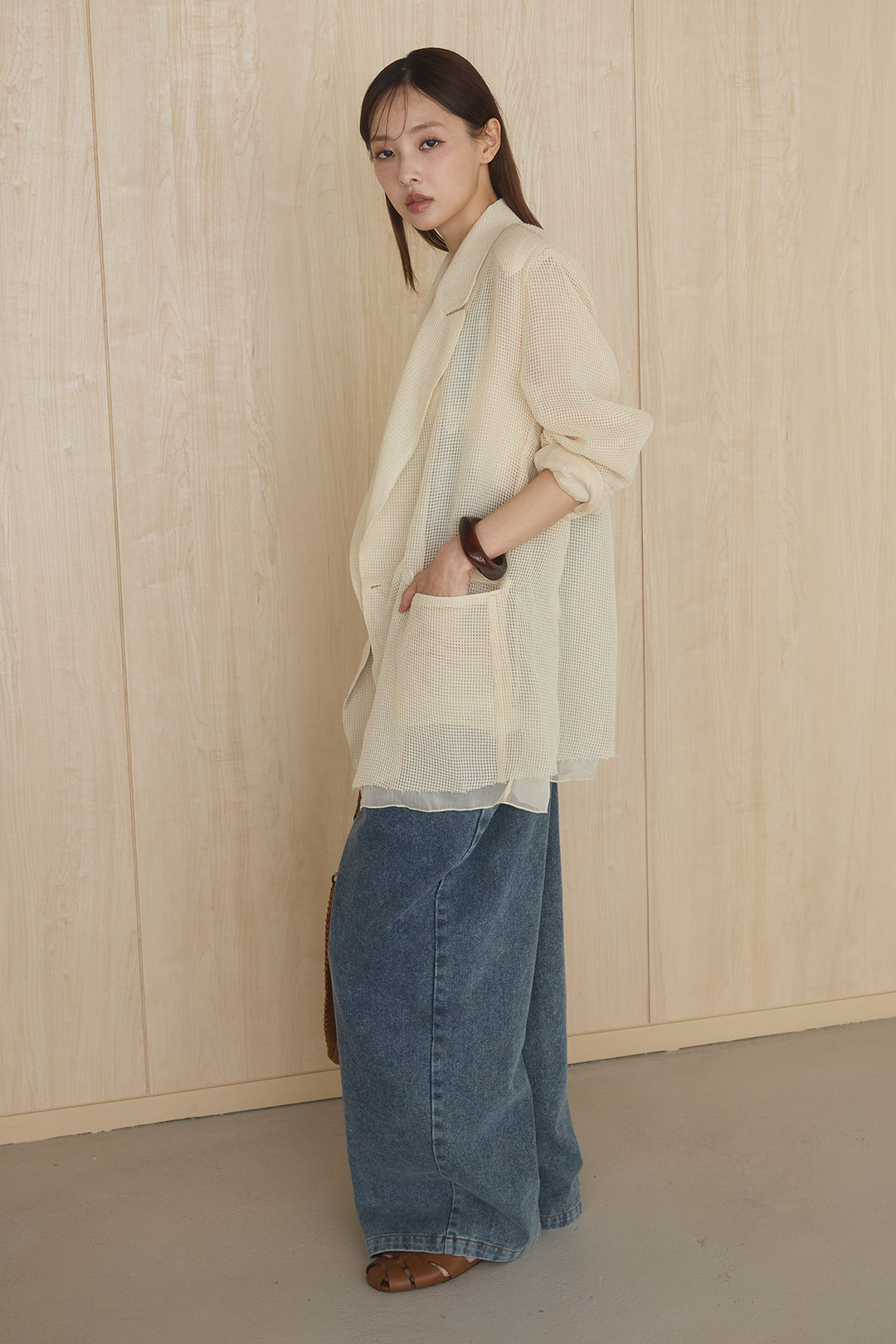 [SET]メッシュテーラードワイドジャケット+フロントボタンデニムサロペット(2set)