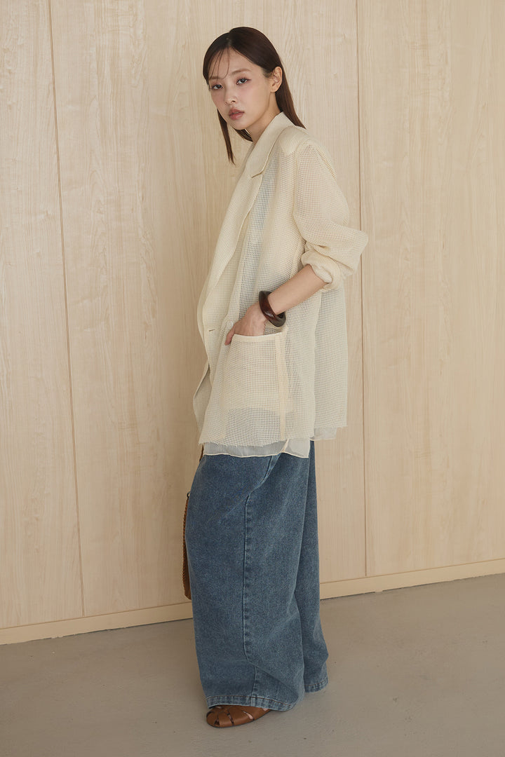 [SET]メッシュテーラードワイドジャケット+フロントボタンデニムサロペット(2set)