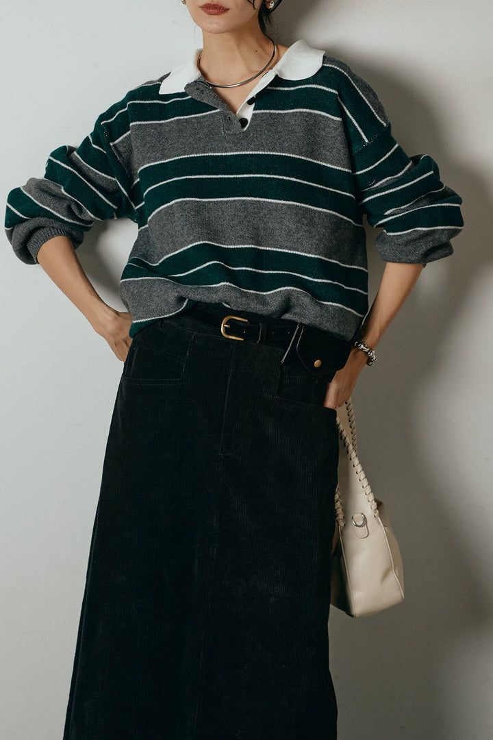 [SET]ラガーニットボーダーポロプルオーバー+ポーチベルト付きコーデュロイワイドスカート(2set)