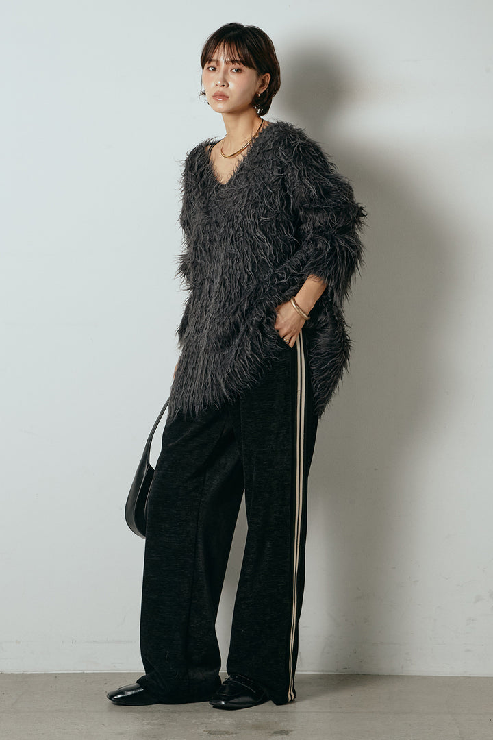 [SET]深Vネックシャギーニットトップス+リラックスサイドラインベロアワイドパンツ(2set)