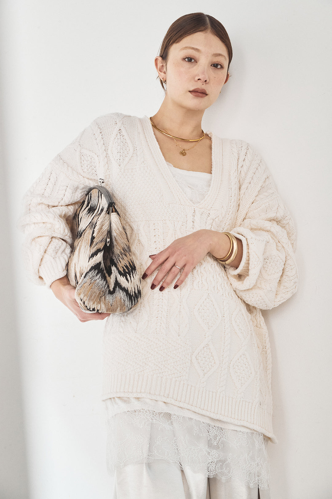 [SET]ケーブルVニットセーター+サテンタックワイドパンツ(2set)