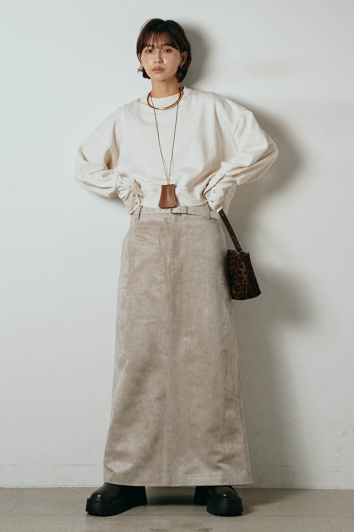 [SET]裏毛バックオープンプルオーバー+エコスウェードワイドスカート+ストレッチレースクルーネックインナー(3set)