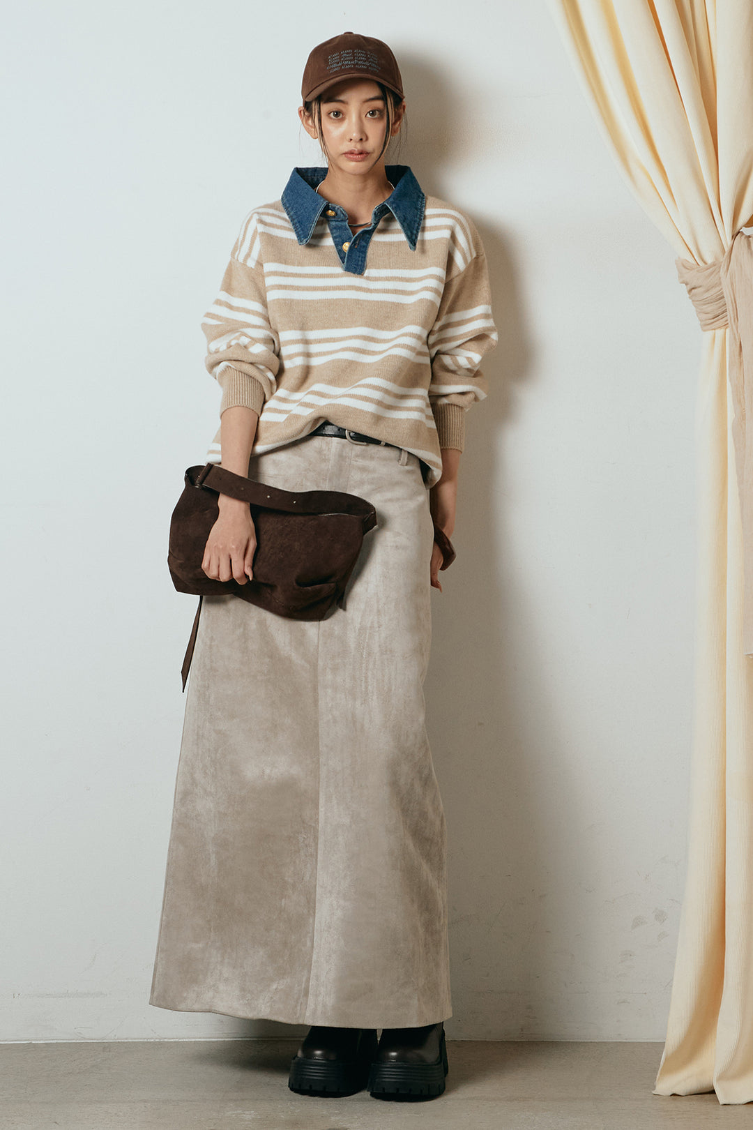 [SET]デニムレイヤード風ランダムボーダーニットプルオーバー+エコスウェードワイドスカート(2set)