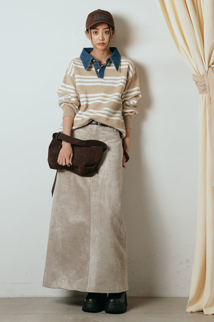 [SET]デニムレイヤード風ランダムボーダーニットプルオーバー+エコスウェードワイドスカート(2set)