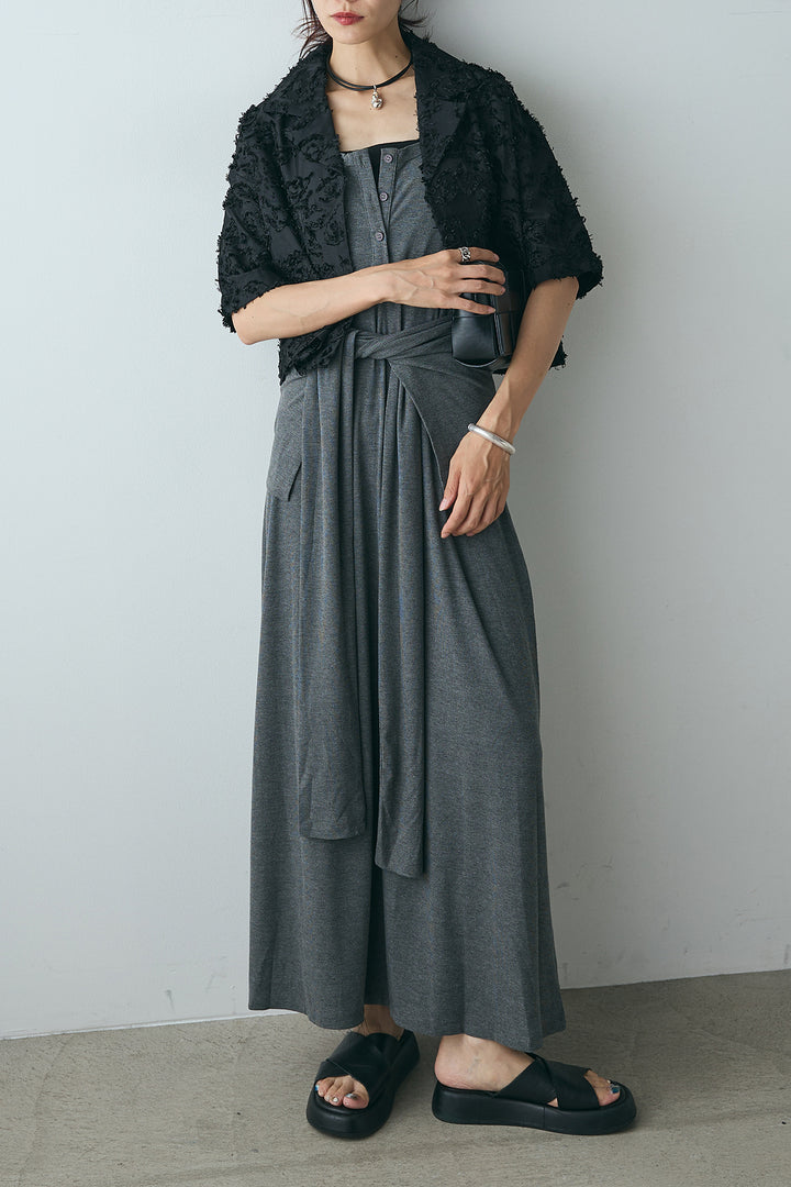[SET]半袖オープンカラージャガード柄シャツ+ウエスト巻きリブロングワンピース(2set)