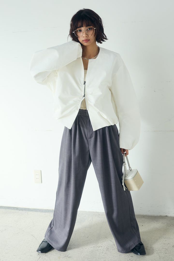 [SET]ノーカラーフロントギャザージップアウター+ツイルメニータックパンツ(2set)