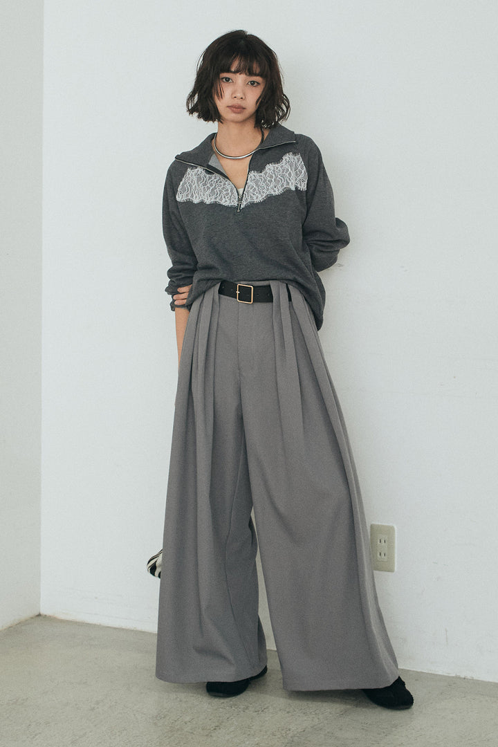 [SET]リバーレースハーフジップ裏毛スウェット+ベルト付きタックデザインハイウエストロングパンツ(2set)