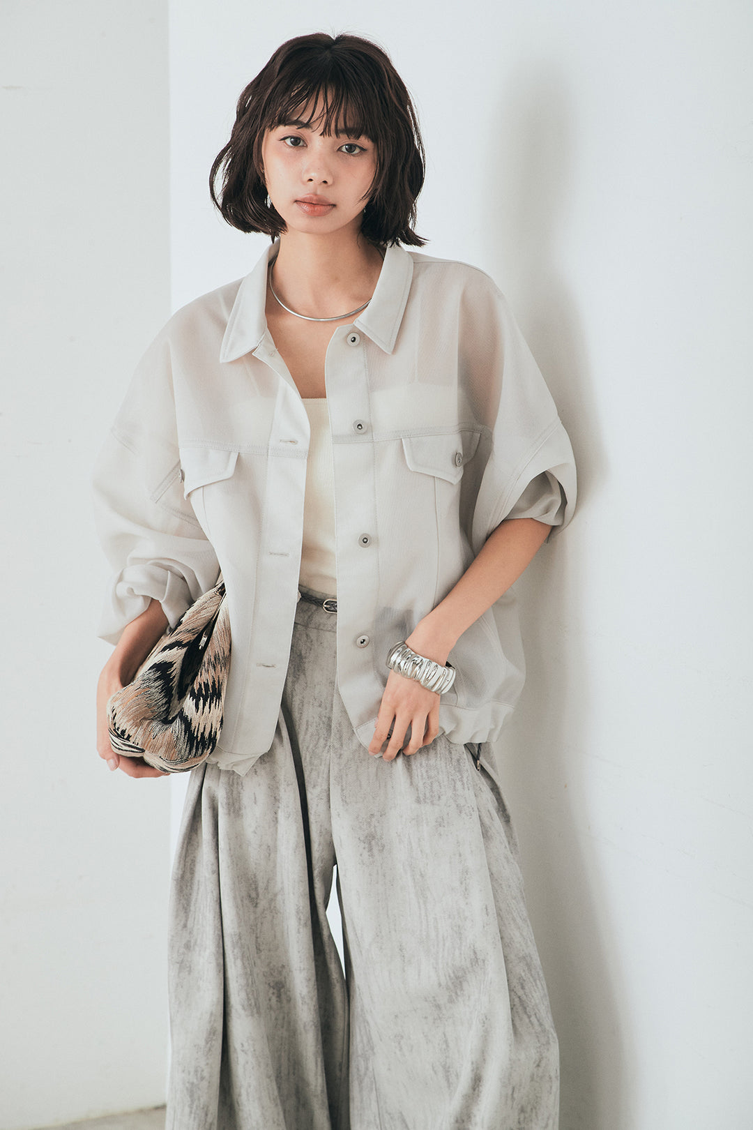 [SET]シアーダンボールサイドドロストジャケット+紐ベルト付きかすれ柄ワイドスラックス(2set)