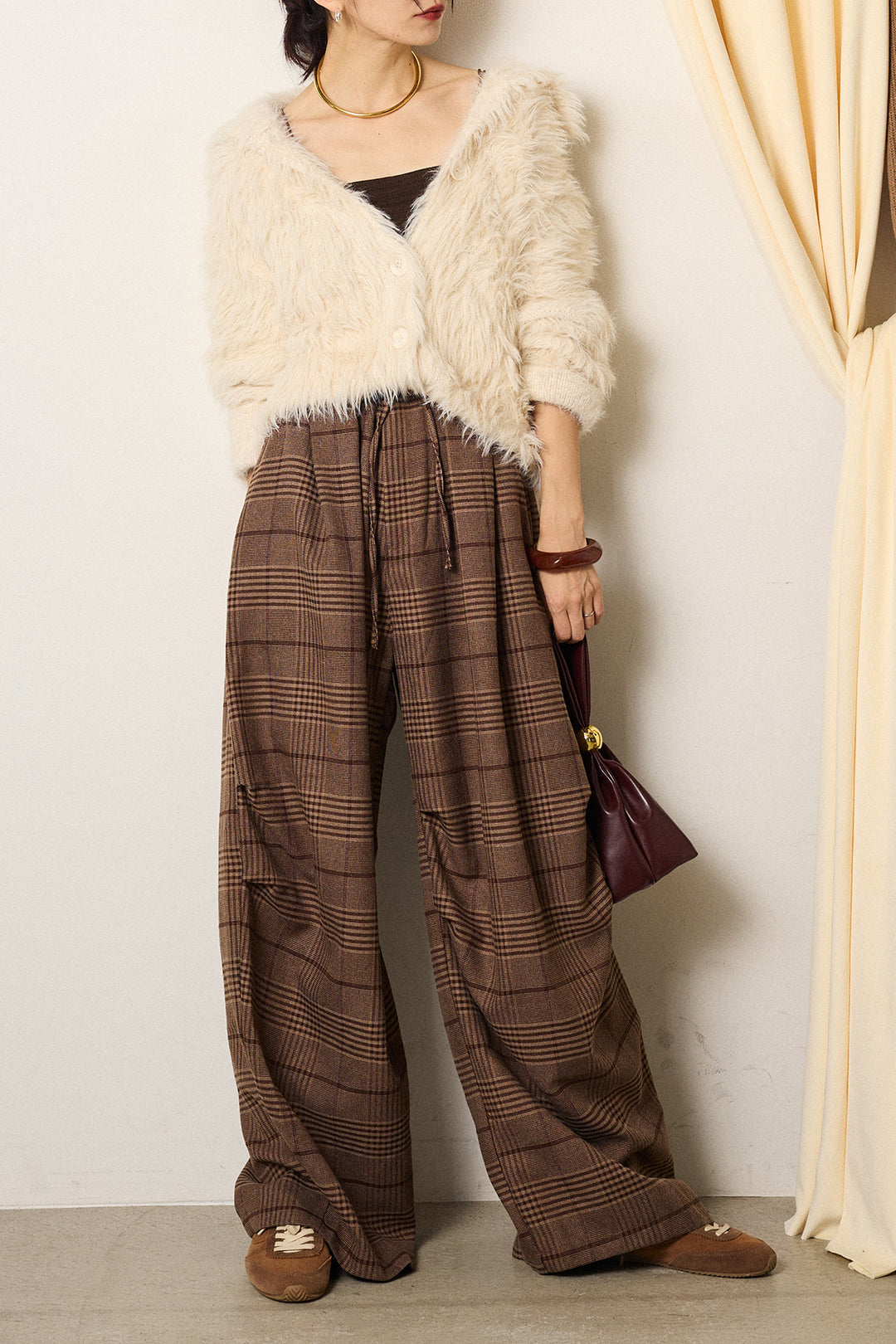 [SET]襟付きシャギーニットカーディガン+グレンチェックルーズタックパンツ(2set)