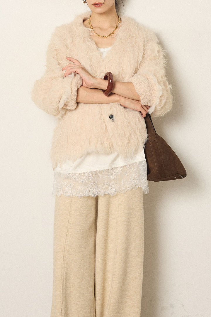 [SET]起毛シャギーニットカーディガン+レース切り替えキャミソール(2set)