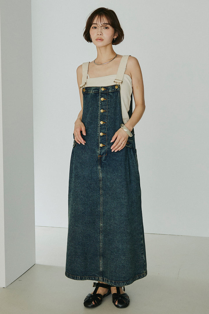 [SET]ケープカラーナイロンブラウス+配色ショルダーデニムサロペットスカート(2set)