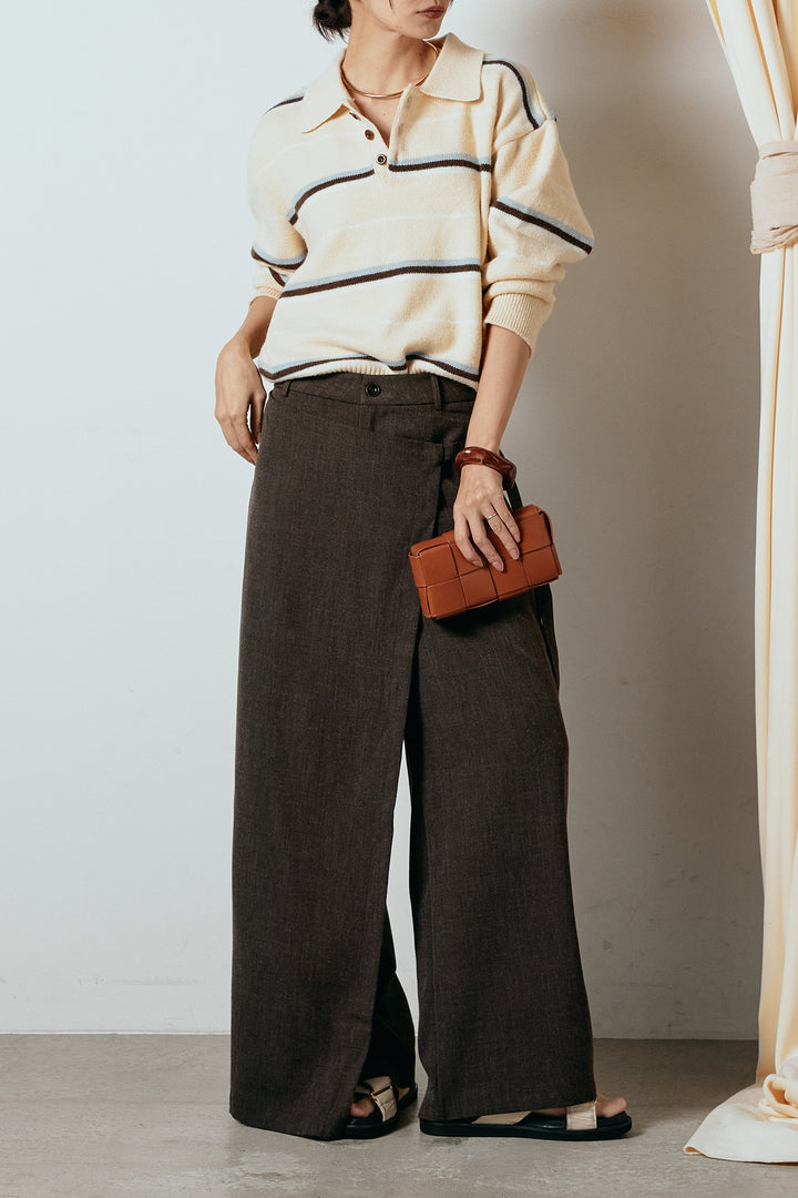 [SET]襟付きマルチボーダーニットポロトップス+ラップ巻きワイドスラックス(2set)