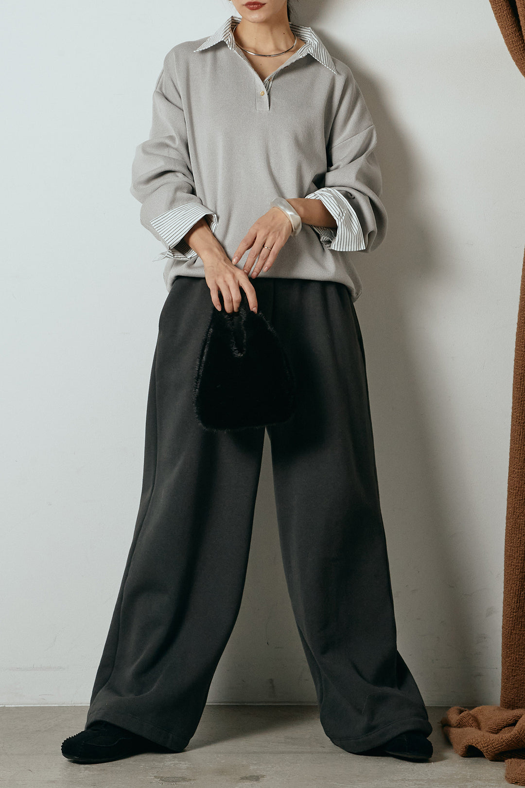 [SET]ストライプシャツドッキングポロトップス+裏起毛スウェットワイドパンツ(2set)