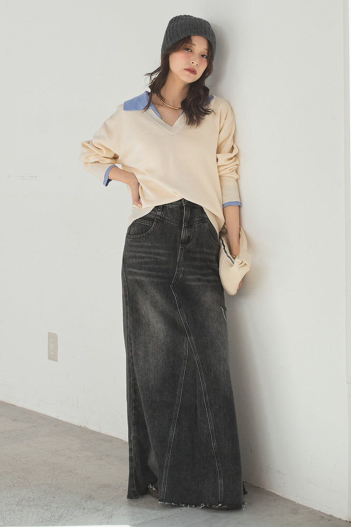 [SET]バイカラーニットレイヤード風プルオーバー+Aラインデニムスカート(2set)