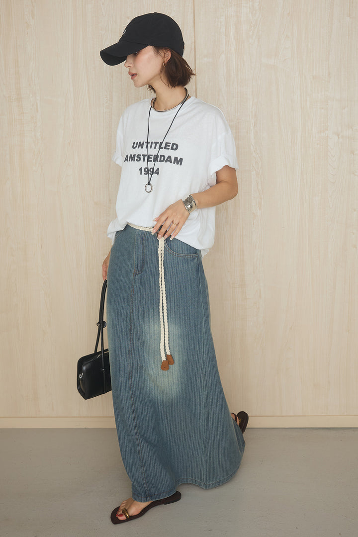 [SET]英字フロントロゴプリントTシャツ+ベルト付きデニムタイトスカート(2set)