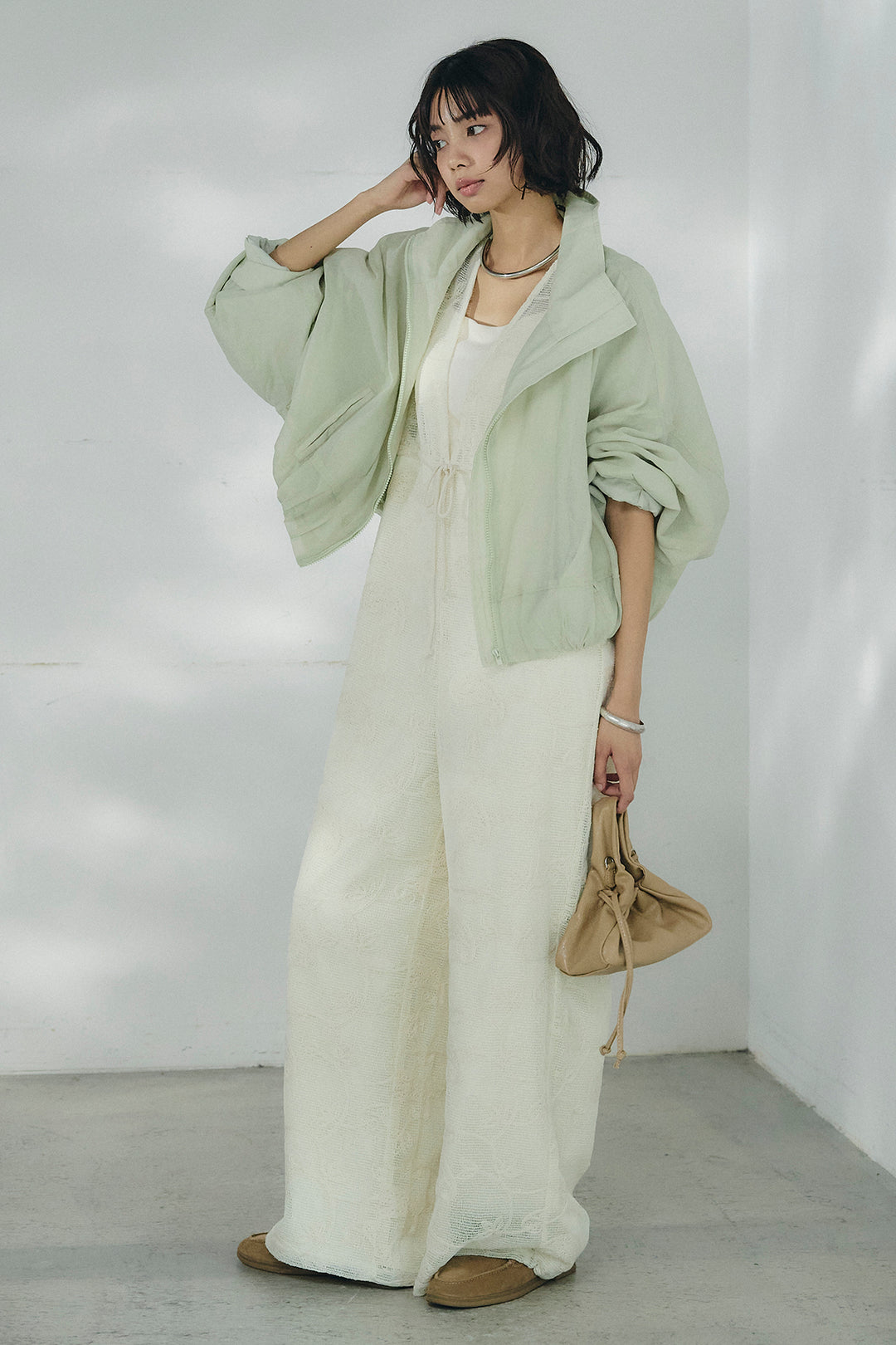 [SET]スタンドネックシアーブルゾン+レースサロペット(2set)