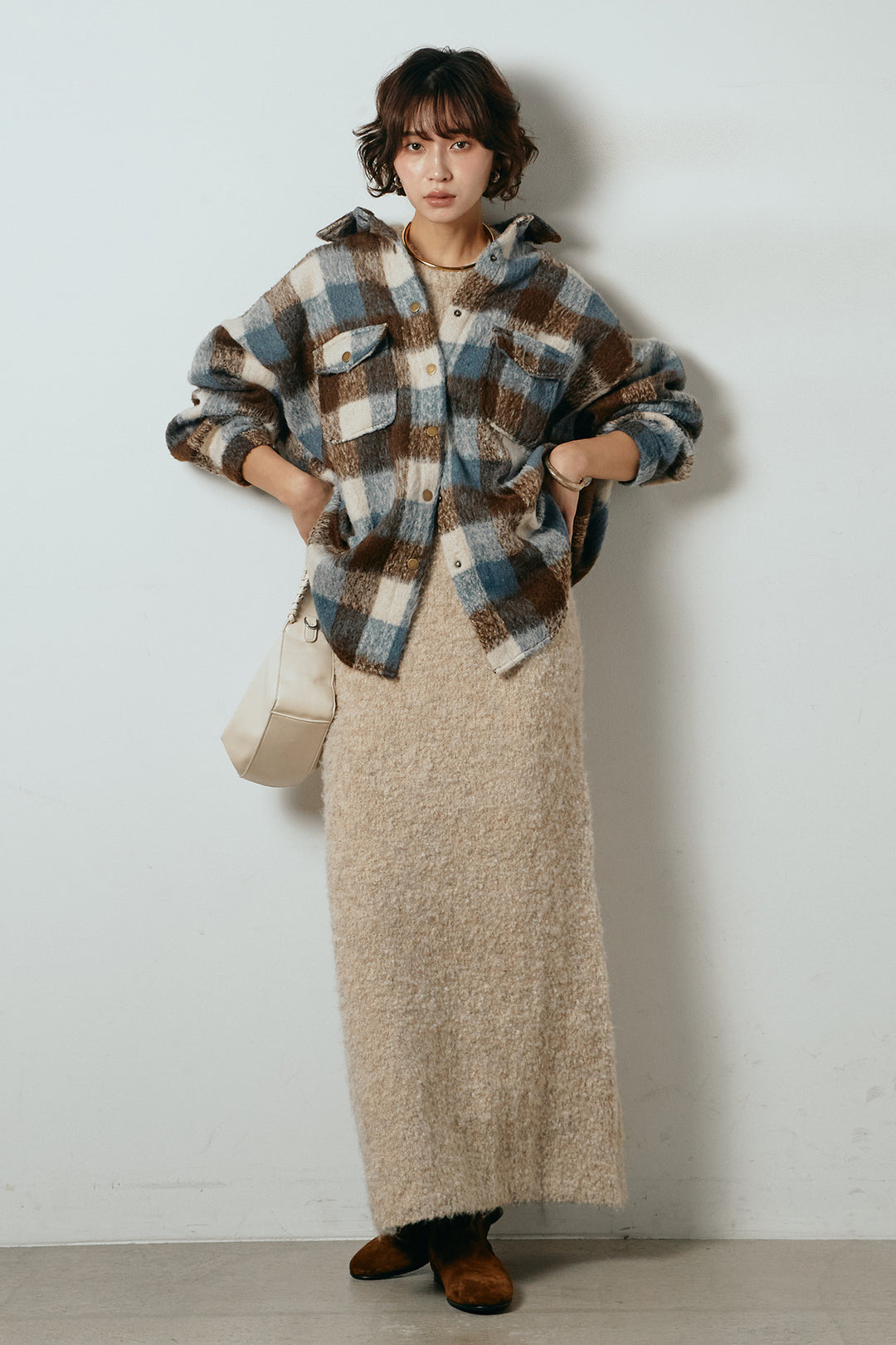 [SET]起毛チェック柄ポケットアウター+起毛ノースリーブニットロングワンピース(2set)