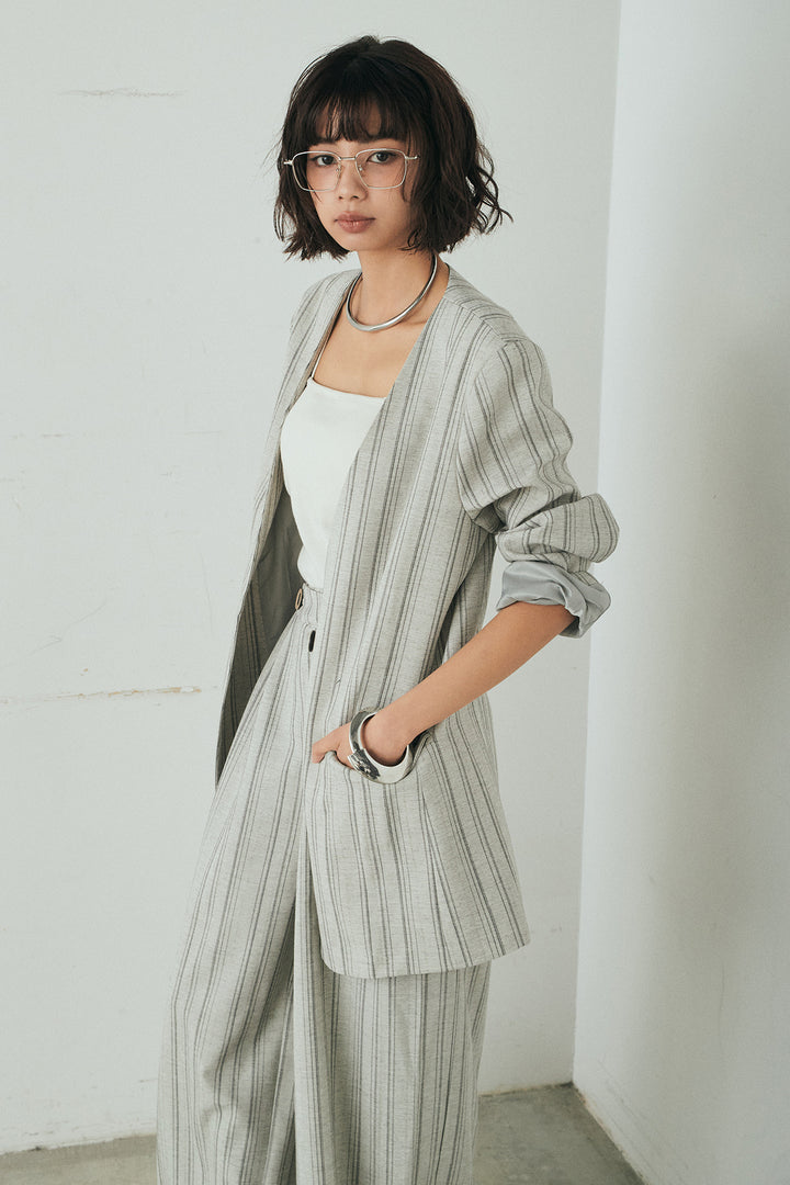 [SET]ノーカラーピンストライプジャケット+ピンストライプワイドスラックス(2set)