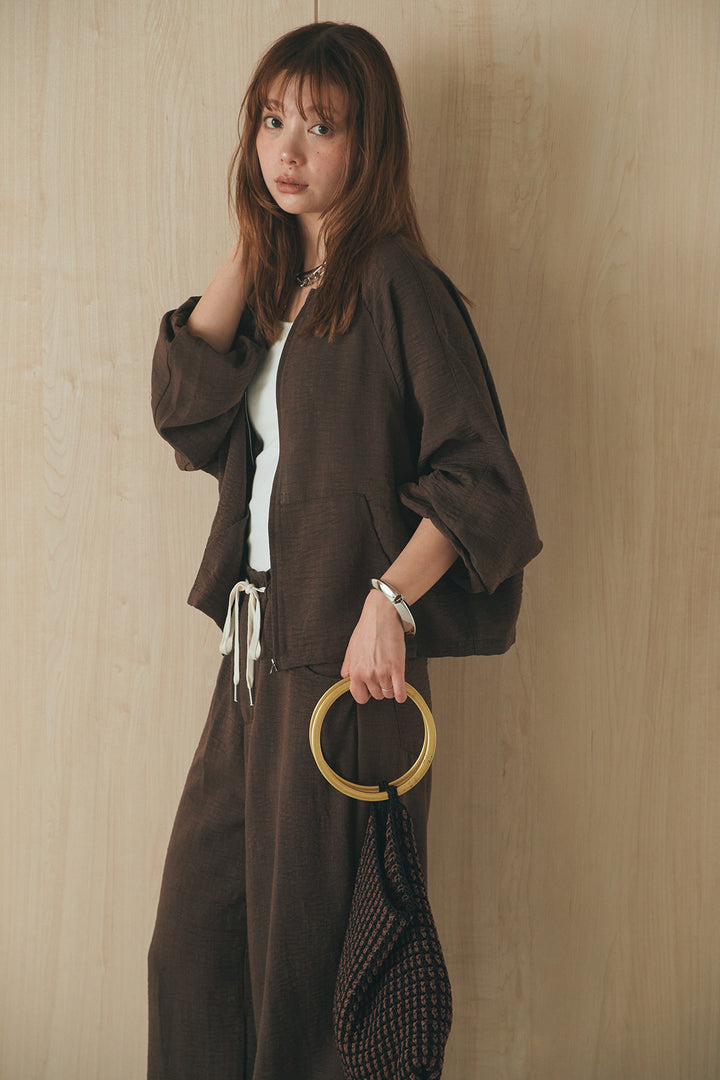 [SET]麻混ノーカラーブルゾン+麻混ウエストドロストパンツ(2set)