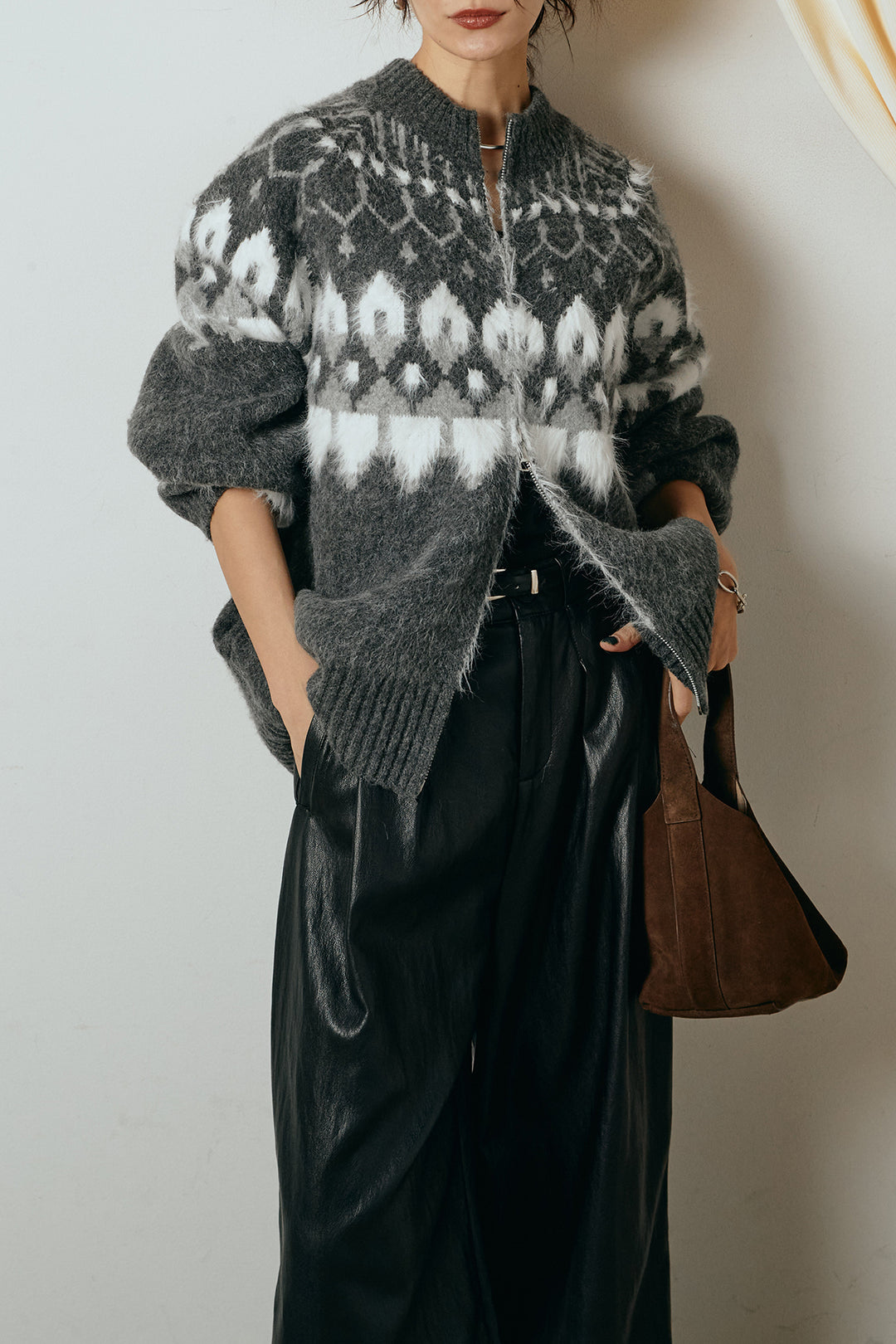 [SET]起毛ダブルジップパターンニットカーディガン+ベルト付きレザーライクタックパンツ(2set)